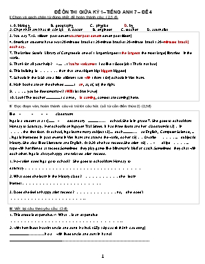 Đề ôn thi giữa kỳ 1 môn Tiếng anh Lớp 7 - Đề 4